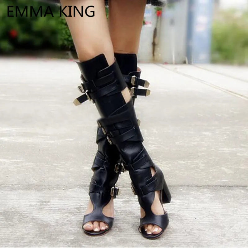 2022 New Sexy Summer Chunky Knee High Motorcycle Boots Women Peep Toe Cut-Out High Heels Black Ladies Gladiator Sandals Boots