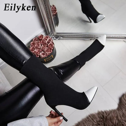 Eilyken Winter Women Ankle Boots Pointed Toe Elastic Slip On High Heel Sock Booties Female Pumps De Mujer