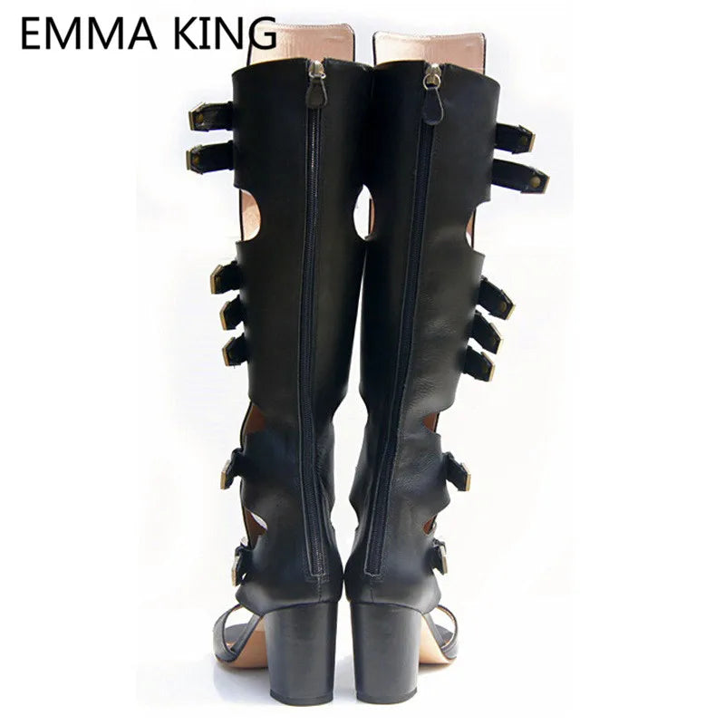 2022 New Sexy Summer Chunky Knee High Motorcycle Boots Women Peep Toe Cut-Out High Heels Black Ladies Gladiator Sandals Boots