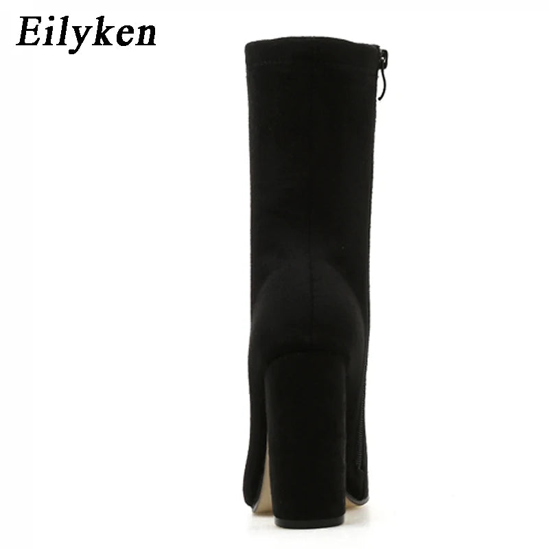 Eilyken 2024 New Flock Ankle Boots Women For Autumn Winter Fashion Pointed Toe Heel Zipper Ladies Chelsea Shoes Plus Size 35-42