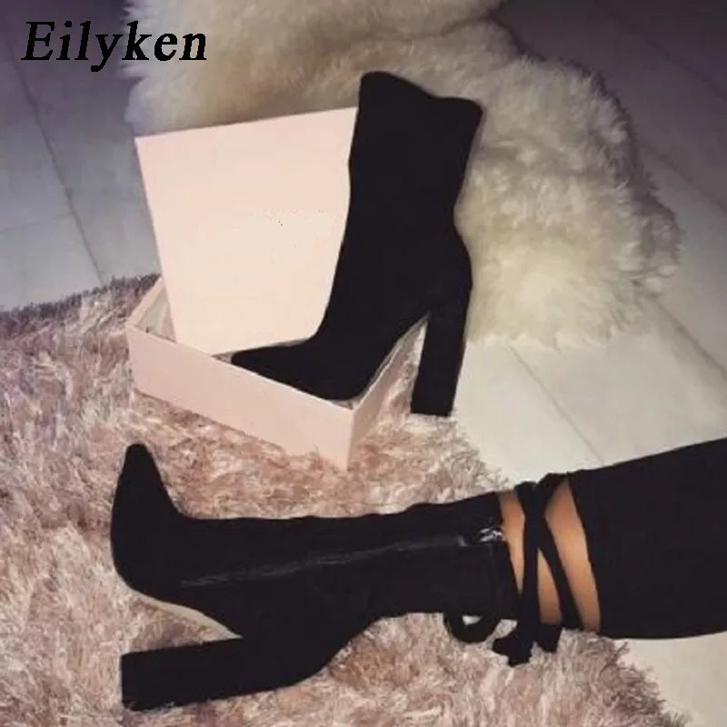 Eilyken 2024 New Flock Ankle Boots Women For Autumn Winter Fashion Pointed Toe Heel Zipper Ladies Chelsea Shoes Plus Size 35-42