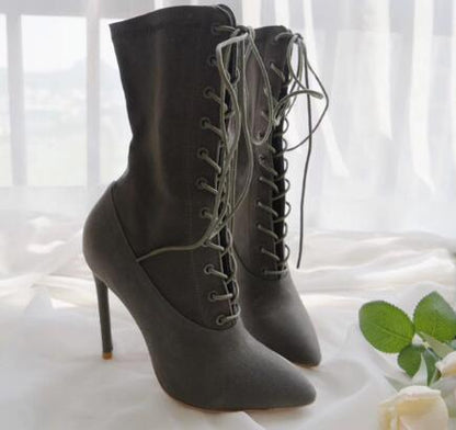 Fashion Design Woman Sexy Mid-Calf Boots High Heel Women Lace Up Ankle Boots High Quality Pointed Toe High Heel Woman Boots