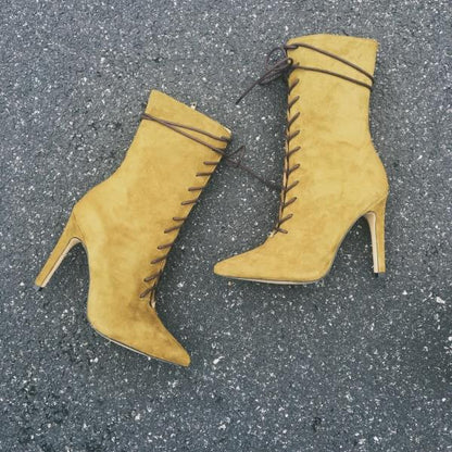 Lace-up mid-calf boots women sexy pointed toe high heel boots celebrity runway gladiator boots