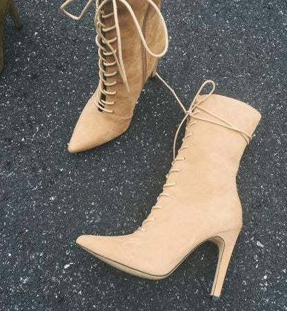 Lace-up mid-calf boots women sexy pointed toe high heel boots celebrity runway gladiator boots