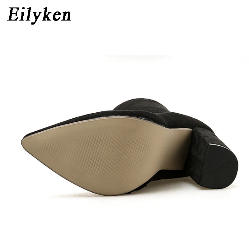 Eilyken 2024 New Flock Ankle Boots Women For Autumn Winter Fashion Pointed Toe Heel Zipper Ladies Chelsea Shoes Plus Size 35-42