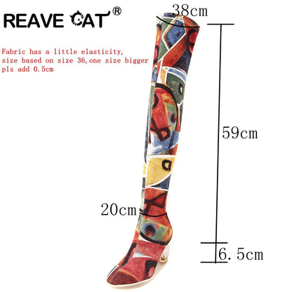 REAVE CAT Women autumn Spring Thigh High Boots Ankle Clear transparent Heels Stretch Colorful Over The Knee Botas Bottine Femme