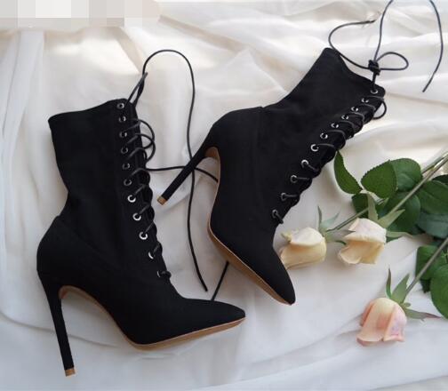 Fashion Design Woman Sexy Mid-Calf Boots High Heel Women Lace Up Ankle Boots High Quality Pointed Toe High Heel Woman Boots