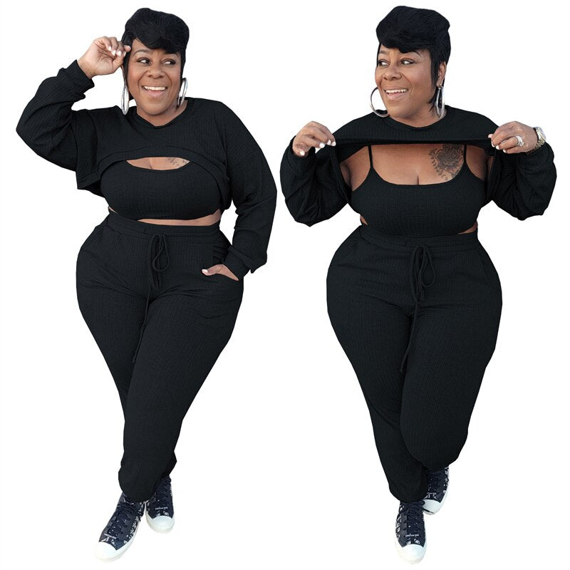 5xl Womens Clothing Bodycon Vest Long Sleeve Crop Top and Pants Outfit Streetwear Plus Size 3 Pieces Sets Wholesale Dropshipping