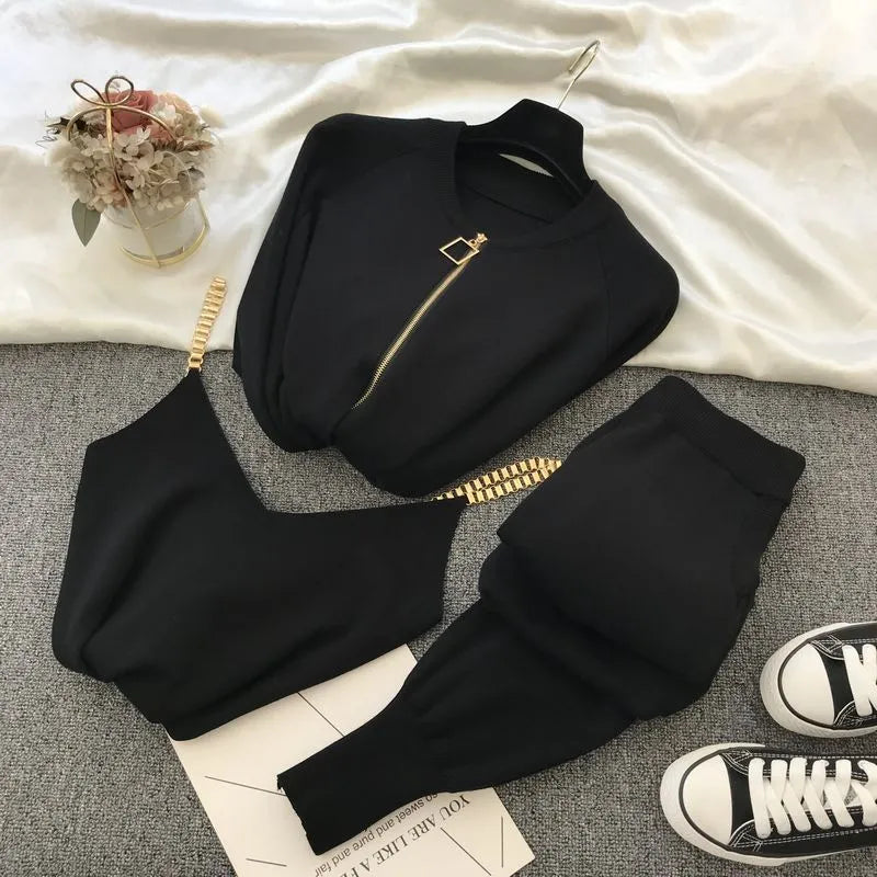 Fashion Women Sets 2021 Autumn Winter Knitted Vest Zipper Cardigans Pants 3pcs Sets Tracksuits Outfits women's clothing