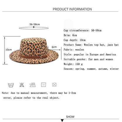 New classic leopard Felt Fedora men's and women's artificial wool blended jazz hat wide brim simple church Derby flat top hat re