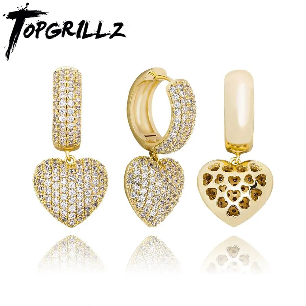 TOPGRILLZ 2020 New Heart Earrings High Quality Iced Out Cubic Zirconia Earrings Hip Hop Fashion Delicate Jewelry For Gift Women