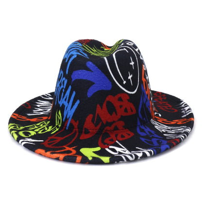 Tie-dye fedora hat wholesale autumn and winter graffiti letters monochrome hat unisex hand-painted felt winter hat шляпа женская