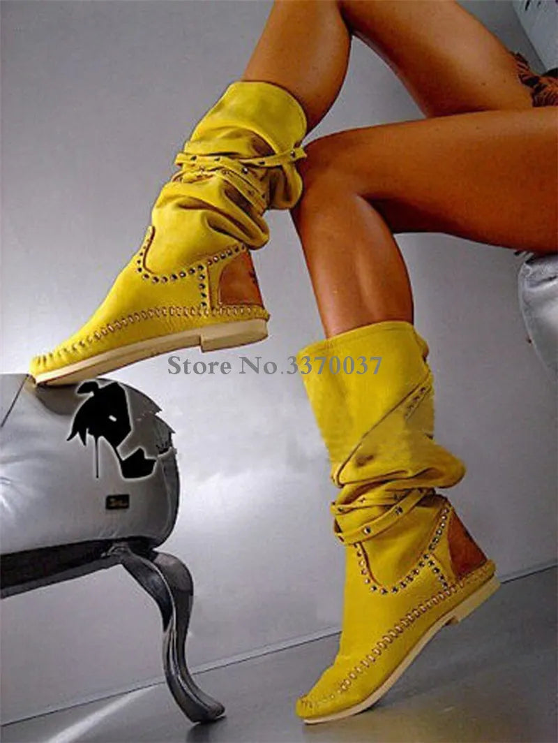 Women Hot Selling Yellow Suede Leather Round Toe Rivet Flat Boots Knee High Spike Comfortable Flat Boots Winter Boots