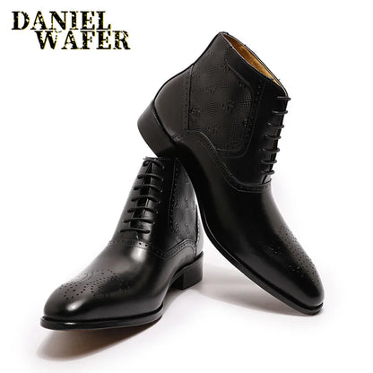 Luxury Men Ankle Boots Genuine Leather Shoes Fashion Printed Medallion Lace Up Pointed Toe Dress Wedding Office Basic Boots Men