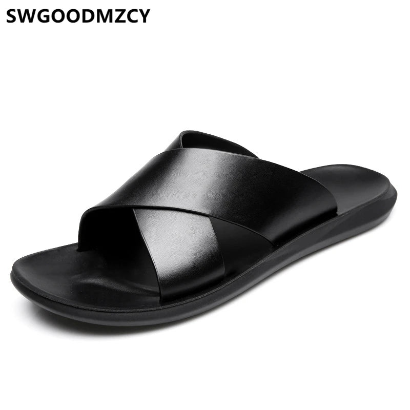 Leather Slippers Men Summer Shoes Mens Slippers Outdoor Beach Slippers Shoes+male Zapatos De Hombre Erkek Ayakkabi Buty Meskie