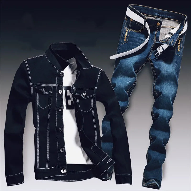 Spring Mens Denim Two Piece Set Hole Ripped Slim Fit Jacket Jeans Sets Male Casual Vintage Ropa Hombre Cargo Suit Streetwear