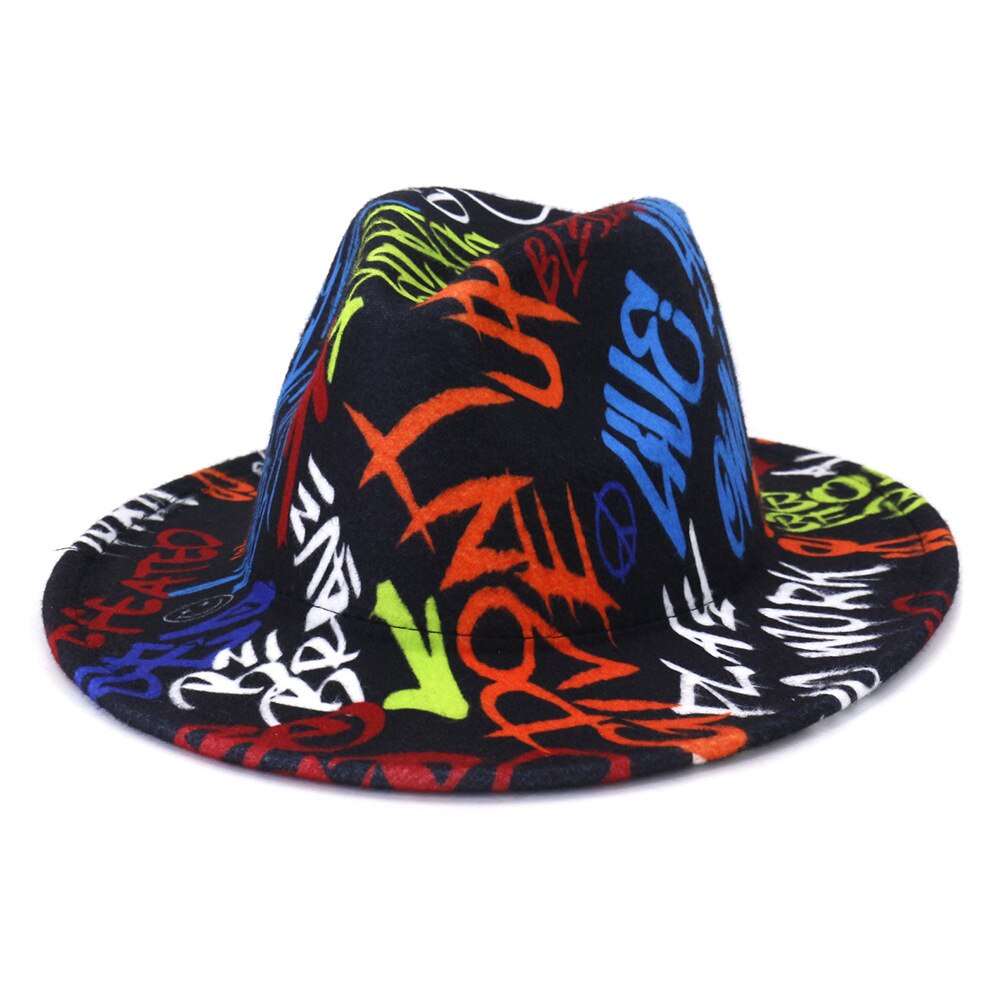 Tie-dye fedora hat wholesale autumn and winter graffiti letters monochrome hat unisex hand-painted felt winter hat шляпа женская