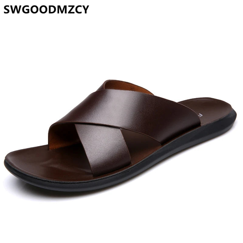 Leather Slippers Men Summer Shoes Mens Slippers Outdoor Beach Slippers Shoes+male Zapatos De Hombre Erkek Ayakkabi Buty Meskie