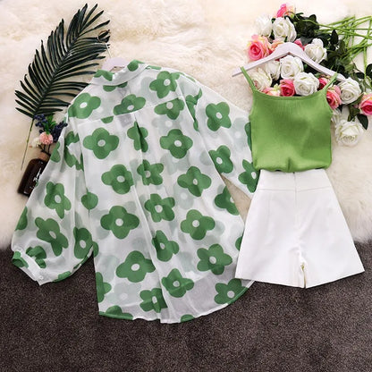 3 Piece Set Women Flower Printing Chiffon Sunscreen Long Shirt Ensemble Femme Solid Vest +High waist Metal Ring Shorts Suits