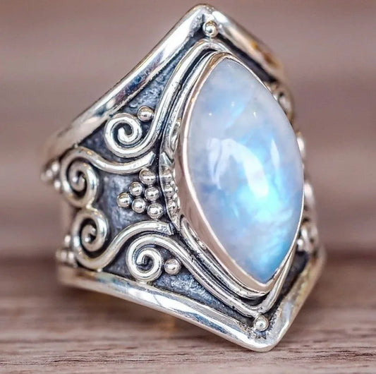 AMORUI Eye shaped Opal Natural Stone Women Rings Antique Silver Color Vintage Rings Figure Jewelry Birthday Gift