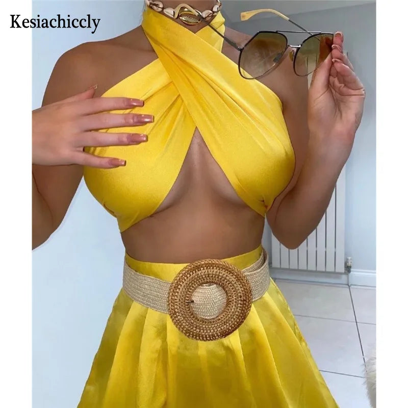 Kesiachiccly Sleeveless Sexy Wrap Top and Pants Long Two Piece Set Satin Matching Set Women Slim Fashion Outfits Crop Tops