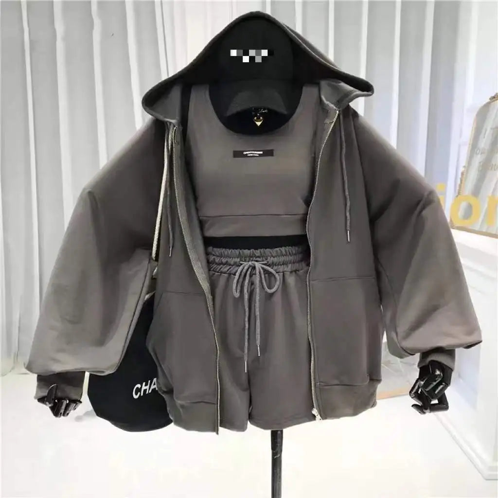 Casual Shorts Three 3 Piece Sets Women Vest Drawstring Shorts Hooded Zipper Jacket Sportswear Suits Female Solid Sports Hoodie