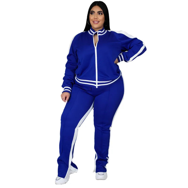 Plus Size L-5XL Two Piece Set Women Zipper Striped Top Slit Pants Casual Jogger Outfit Matching Set Mujor Wholesale Dropshipping