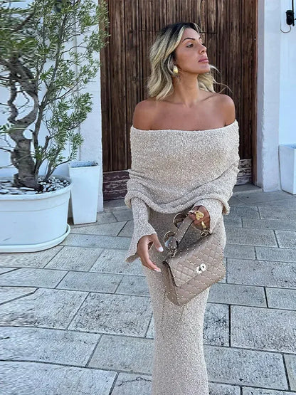 Knit Off Shoulder Hip Package Dress Women 2024 Spring Summer Slim Backless Long Sleeve Party Dresses Fashion Lady Beach Robes