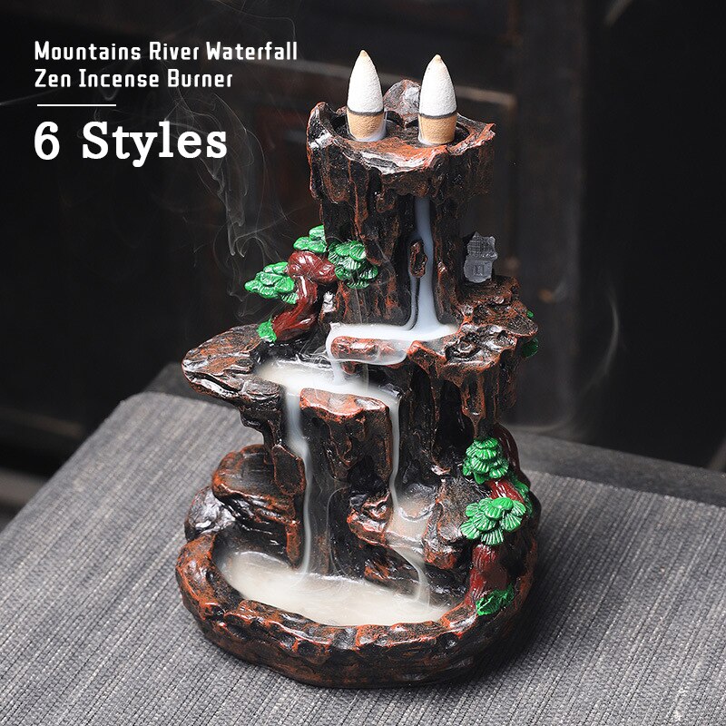 Mountains River Waterfall Incense Burner Fountain Backflow Aroma Smoke Censer Holder Office Home Unique Crafts+100 Incense Cones