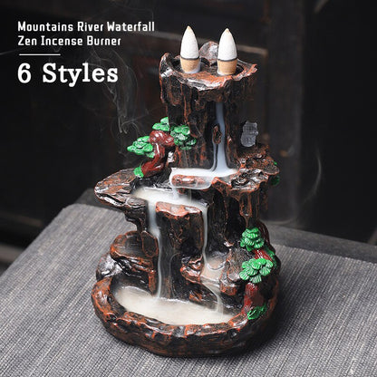 Mountains River Waterfall Incense Burner Fountain Backflow Aroma Smoke Censer Holder Office Home Unique Crafts+100 Incense Cones