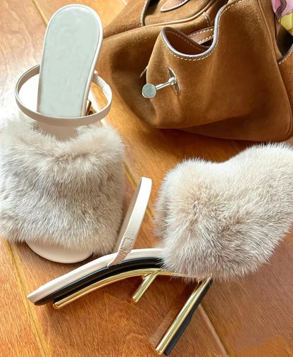 2024 New Mink Hair Sandals for Women with Fish Mouth and Irregular Heel Slippers for Women with Fur and Fur High Heels