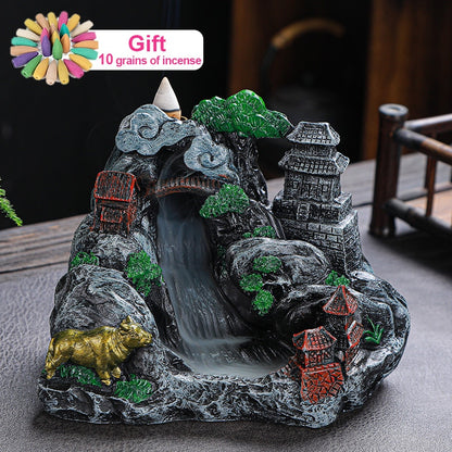 Mountains River Waterfall Incense Burner Fountain Backflow Aroma Smoke Censer Holder Office Home Unique Crafts+100 Incense Cones