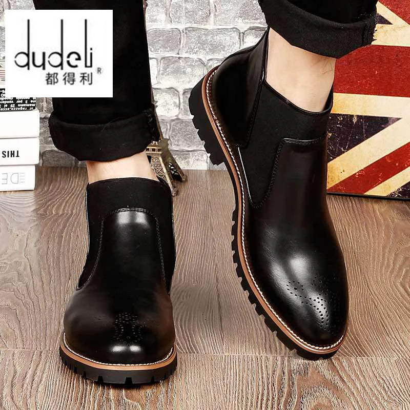 Men Chelsea Boots Slip-on Waterproof Ankle Boots Men Brogue Fashion Boots Microfiber Leather shoes Big Size 38-46