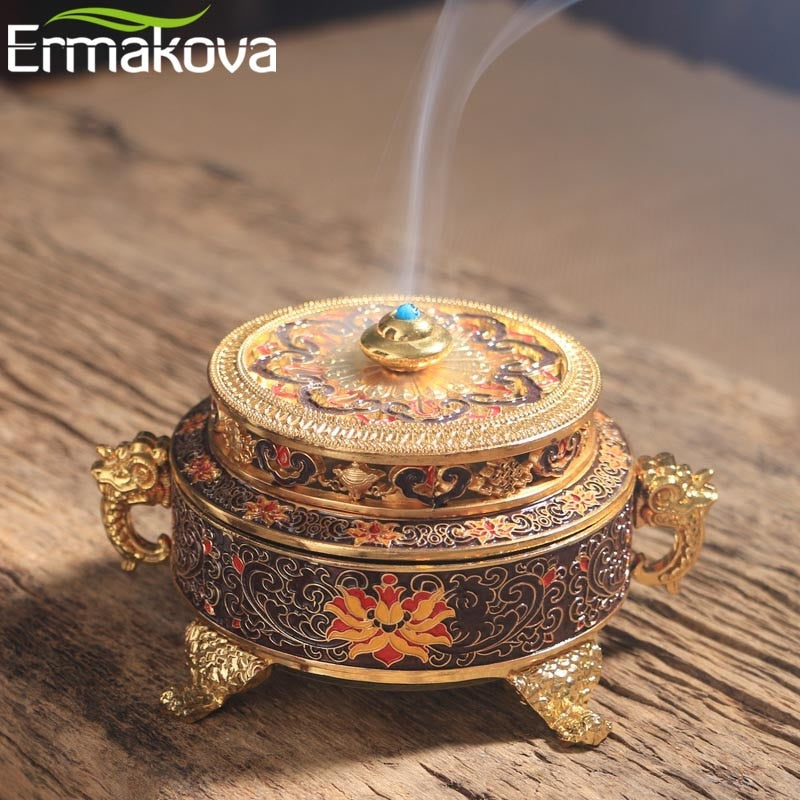 ERMAKOVA Incense Holders Incense Burner Tibetan Style Painted Enamel Zinc Alloy Coil Incense Holder Home Office Decoration Gift