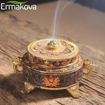 ERMAKOVA Incense Holders Incense Burner Tibetan Style Painted Enamel Zinc Alloy Coil Incense Holder Home Office Decoration Gift