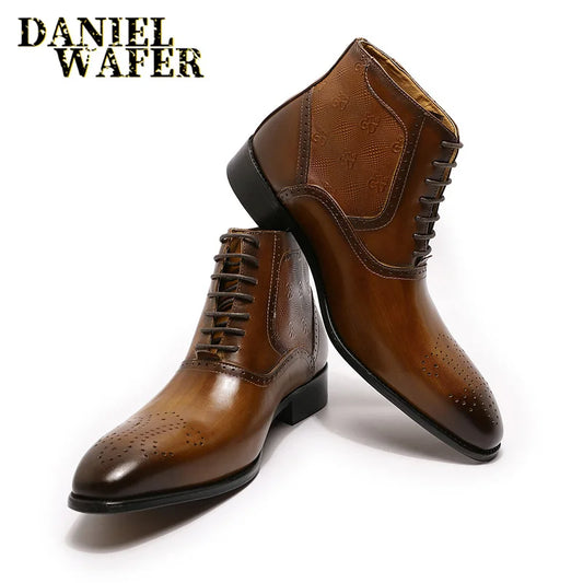 Fashion Brand Ankle Boots Luxury Men's Dress Boots Black Brown Handmade Lace Up Pointed Toe Genuine Leather Basic Formal Shoes