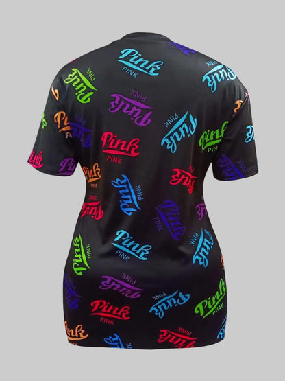 LW Plus Size Shorts Set Pink Letter Print Split Street Drop Shoulder Regular Short SleeveV Neck Stretchy Matching Outfits
