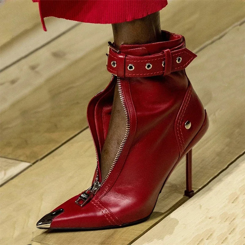 Belt Buckle Front Zipper Fashion Show Short Boots Women's Autumn Winter New Pointed Metal Decoration Red High Heels Ankle Boots