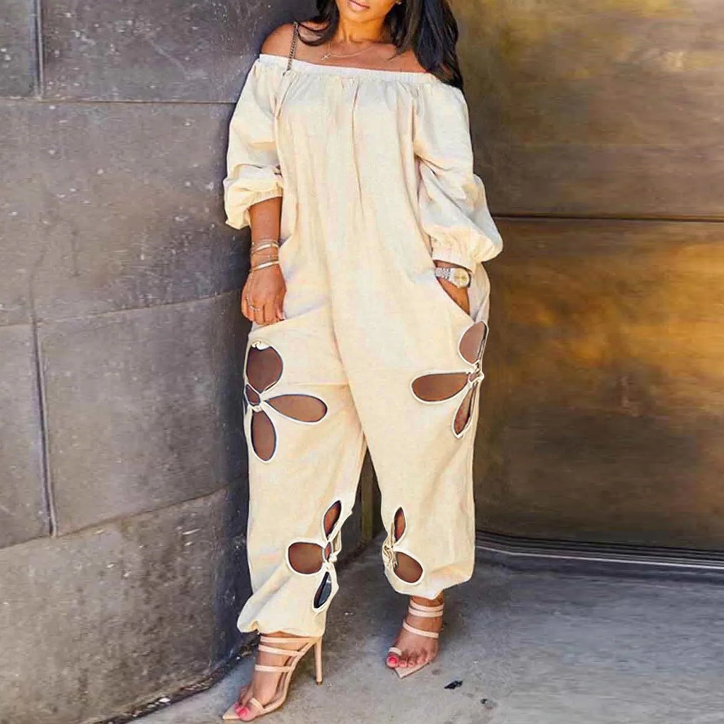 Plus Size Women Jumpsuits Hollow Out One Piece Outfit 2023 Spring Solid Off Shoulder Jumpsuit Lady Wholesale Fashion Loose Pants