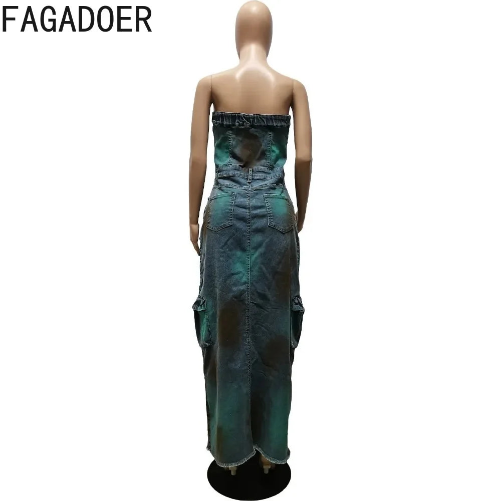 FAGADOER Sexy Off Shoulder Pocket Cargo Denim Dresses Women Button Slit Tie Dye Print Cowboy Tube Dress Fashion Street Vestidos