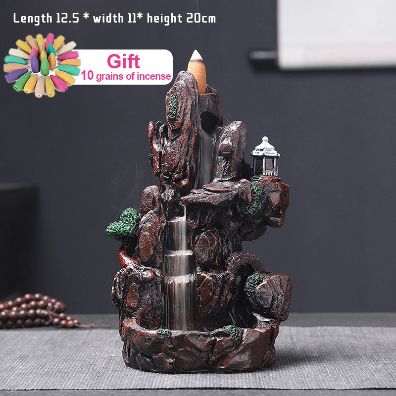 Mountains River Waterfall Incense Burner Fountain Backflow Aroma Smoke Censer Holder Office Home Unique Crafts+100 Incense Cones