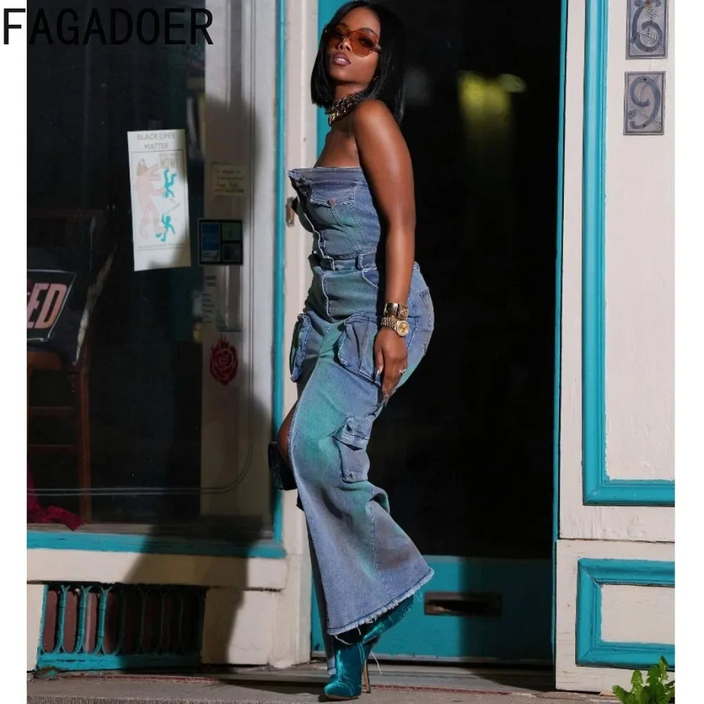 FAGADOER Sexy Off Shoulder Pocket Cargo Denim Dresses Women Button Slit Tie Dye Print Cowboy Tube Dress Fashion Street Vestidos