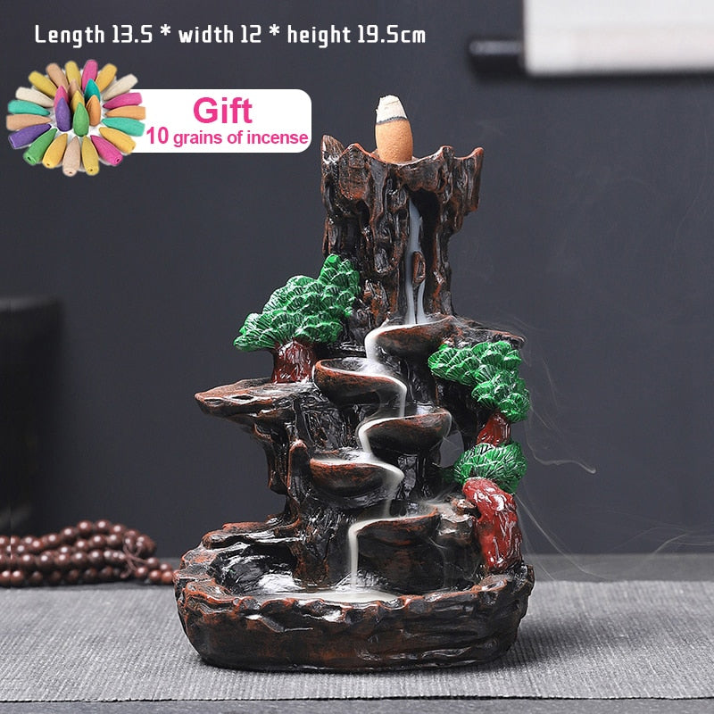 Mountains River Waterfall Incense Burner Fountain Backflow Aroma Smoke Censer Holder Office Home Unique Crafts+100 Incense Cones