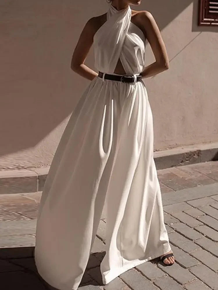 Women Summer Solid Color Pleated Outfits 2024 New Female Fashion Sexy Backless Halter-Neck Jumpsuits Streetwear Without Belt