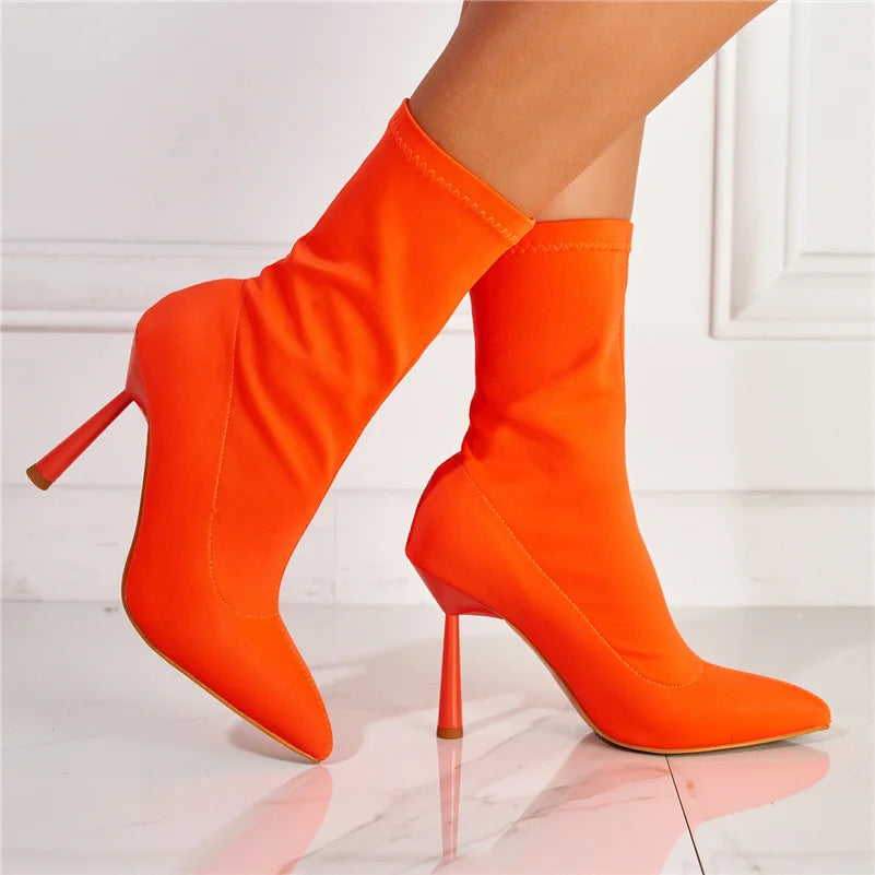 2023 Women Fetish Silk Sock Boots 11.5cm High Heels Stretch Fashion Heels Peach Ankle Boots Peach Rose Red Plus Size 43 Shoes