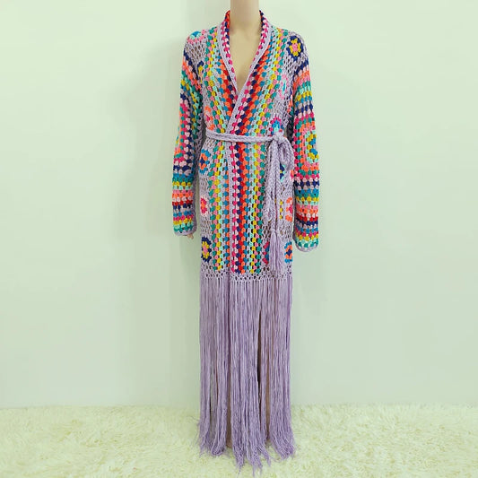 Women Crochet Duster Cardigan Bright Color Oversized Loose Fringle Tassels Long Cardigan