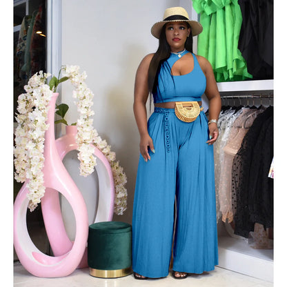 Perl Plus Size Vest Top+wide Leg Pants Suit Summer Two Pieces Set Women Outfit Matching Set High Street Wear