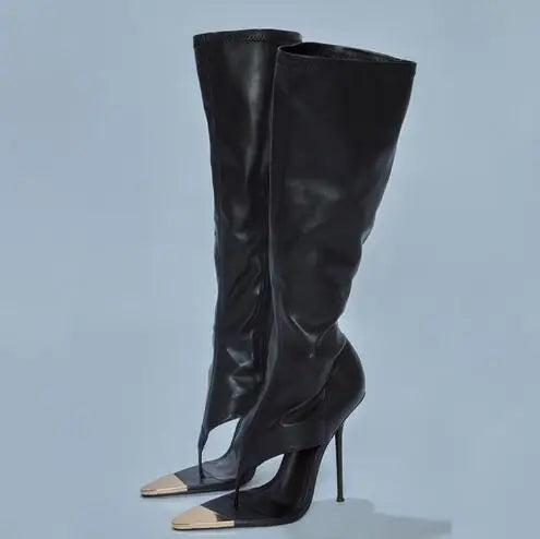 Black Leather Pointed Open Toe Clip Toe Hidden Zipper Thin Heels Knee High Boots Women Summer Sandals Thong Boots