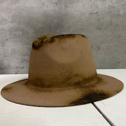 100% Wool Women Men Fedora Hat Retro Fire Old Distressed Wide Brim Jazz Hat Lady Felt Church Hat