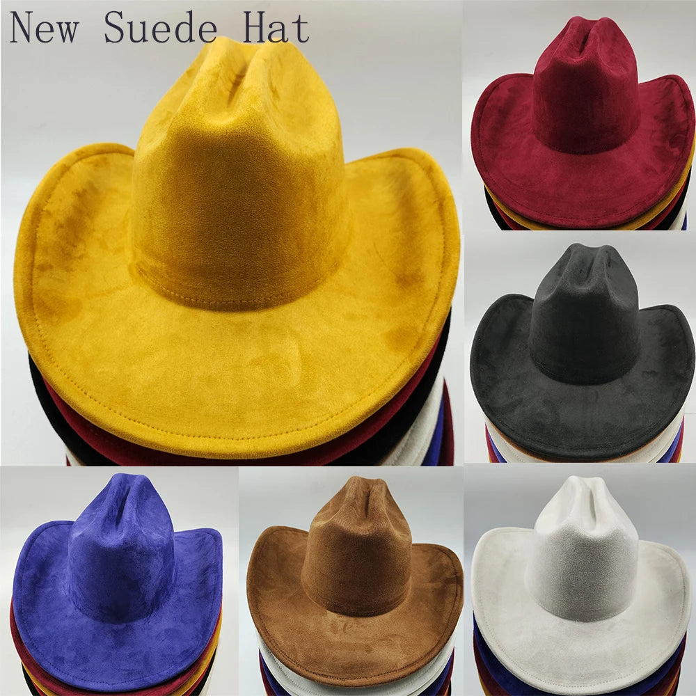 Classical Suede 10CM Large Brim Western Cowboy Fedora Hat For Women Men Church Jazz Hats Fashion Travel Party Hat 2023